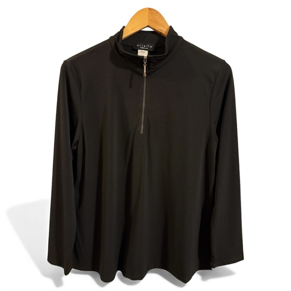 Ariella Black Quarter Zip Matte Jersey Top with 3/4 Sleeve Small